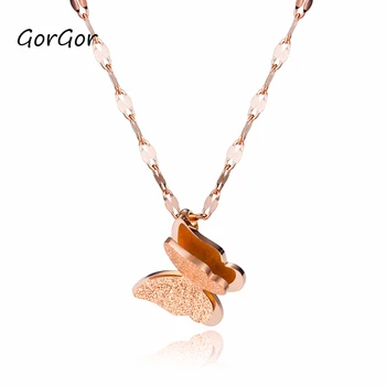 

GorGor Women Necklace Matte Double Layer Butterfly Design Stainless Steel Chains Lobster Buckle Ladies Fashion Accessories 1665