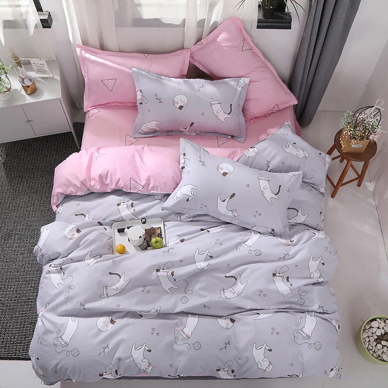 Gray Комплект постельного белья с рисунком кота из мультфильма, Хлопковое одеяло Kawaii, Комплект постельного белья s для женщин и девочек, двуспальные простыни и наволочки - Цвет: Gray