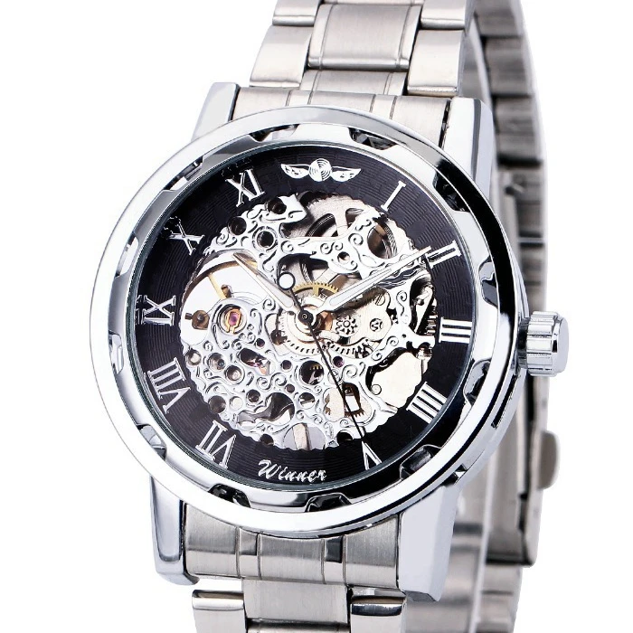 Fashion Winner Black Leather Band Stainless Steel Skeleton Mechanical Watch For Man Gold Mechanical Wrist Watch Luxury Brand 