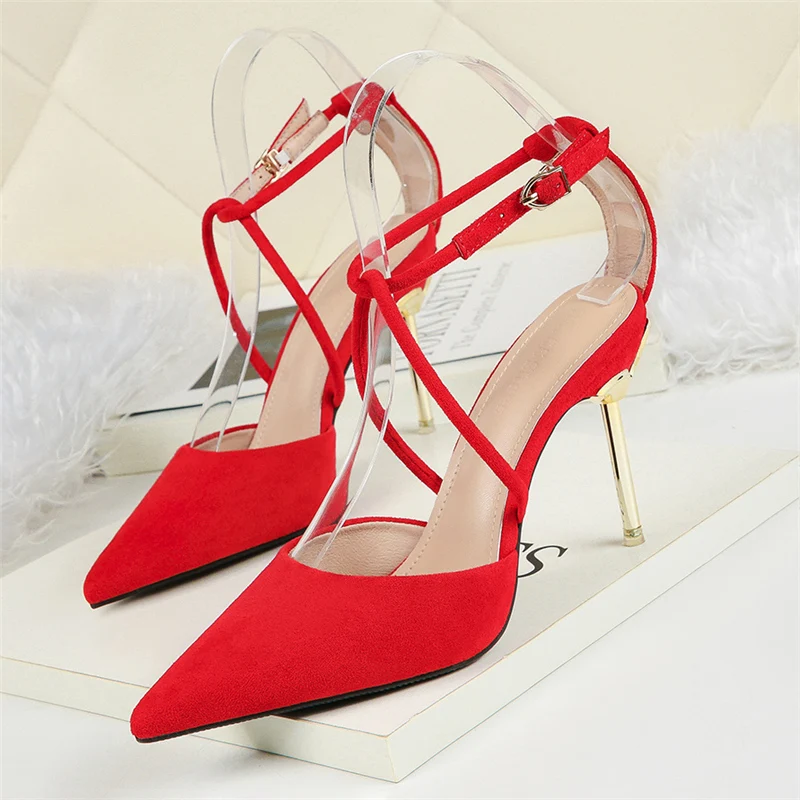 

2019 Women Summer 9cm Block High Heels Sandals Lady Sweet Flock red Pointed Toe Pumps Female Nude Stiletto Strap Wedding shoes