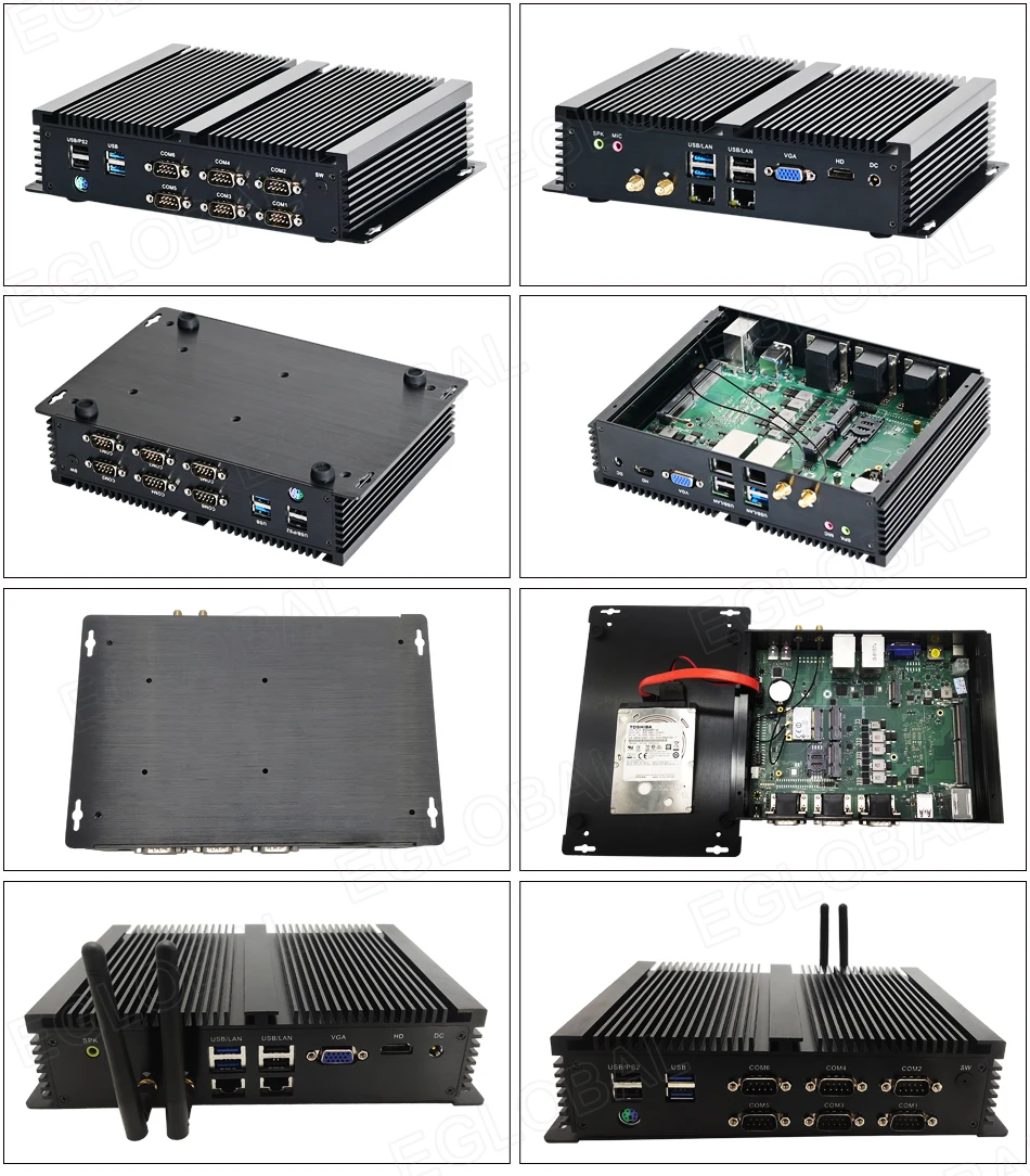 Elevate Your Operations with the Eglobal Industrial Fanless Mini PC - 6 COM, 2 LAN, Windows/Linux, Barebone System. Experience 7/24 Hours Working, 4 USB 2.0, 4 USB 3.0, and WIFI. Upgrade your industrial setup with this high-performance computing solution! Description Image.