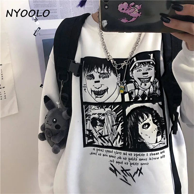 NYOOLO Harajuku уличная толстовка с капюшоном и буквенным принтом в виде комиксов ужасов, осенне-зимние пуловеры с круглым вырезом, толстая теплая толстовка для женщин и мужчин, топы
