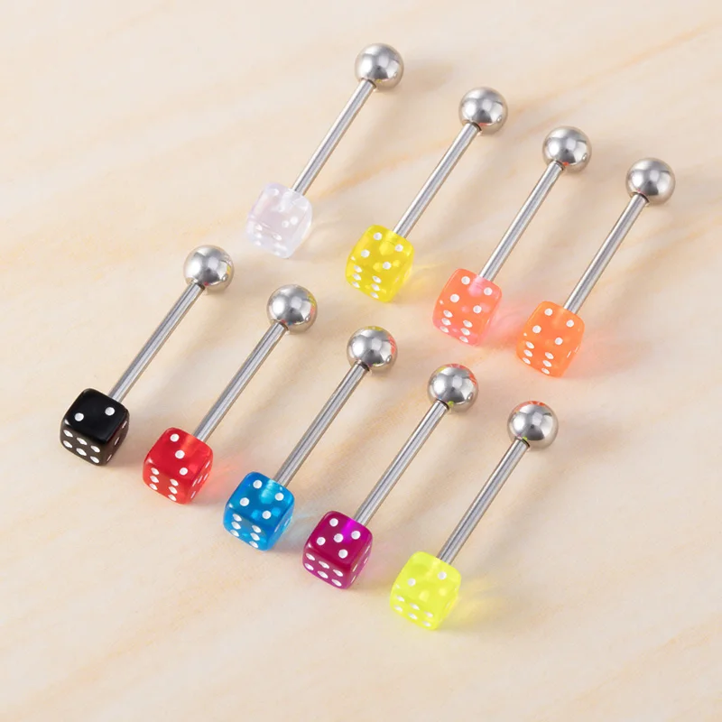 2pcs Good Luck Dice Tongue Ring Surgical Steel Tongue Piercing Barbell Colorful Labret Stud Bar Women Men Body Jewelry 14G piercing jewelry,body jewelry