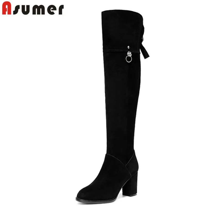 ASUMER/большие размеры; модные сапоги выше колена; замшевые сапоги с круглым носком на молнии; женские ботинки на толстом каблуке; сезон осень-зима