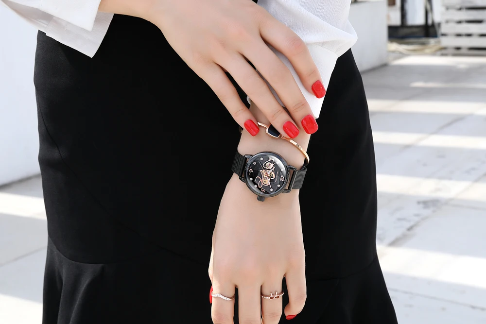 New Fashion Love Creative Lady Automatic Mechanical Watch Diamond Female Clock Black Stainless Steel Wristwatch Gifts for Women