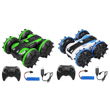 

2Pcs 1/20 2.4G 4Wd Amphibious Stunt Tank Rc Stunt Car Remote Control Car Rc Car for Children'S Gift Toy - Blue & Green