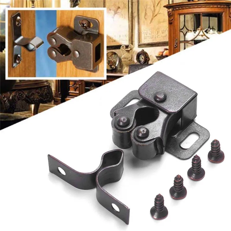 

2 Colors Home Use Double Ball Roller Catches Cupboard Cabinet Door Latch Hardware Copper Without Screws Smooth Tight Grip Action