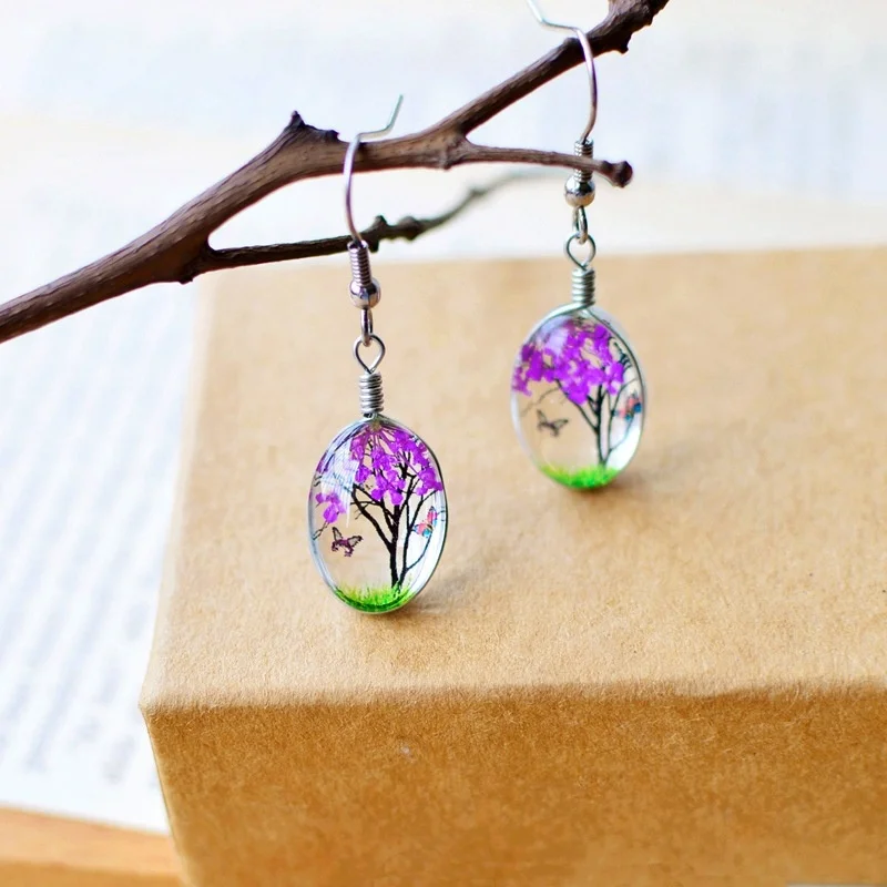 Plant Dry Dried Real Flower Earring Drop Earring Glass Ball Pressed Flower for Women