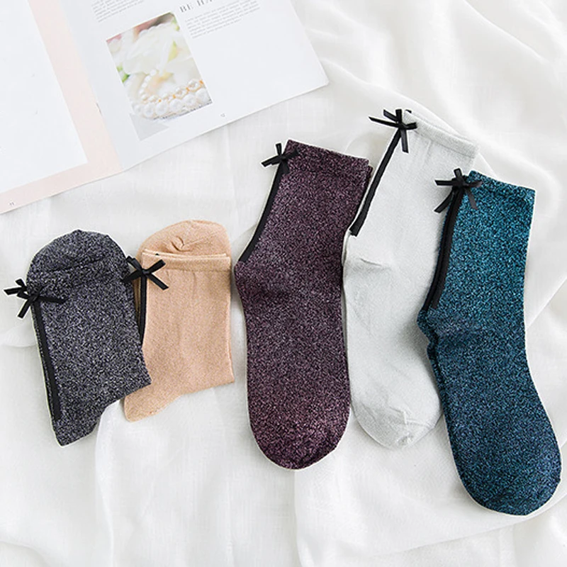 Elegant Lady Women Bow Glitter Cotton Socks Shiny Happy Sock Funny Cute Solid Fashion Silk Harajuku Soft Elastic Hosiery|Носки| |