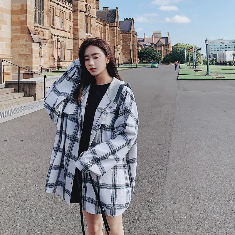 

New Style Hooded Plaid Shirt Women's Autumn And Winter Long Sleeve Social Loose Thick Fashion Korean-style Western Style Co