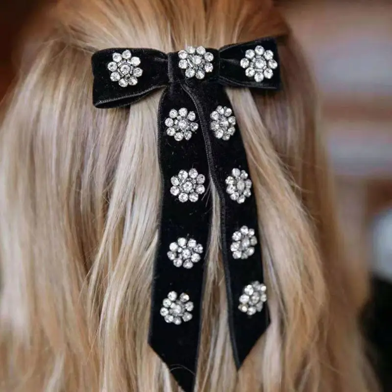 

Korean Female Velvet Geometric Bowknot French Barrette Faux Pearl Rhinestone Floral Spring Hair Clip Ribbon Streamer Vintage Pon