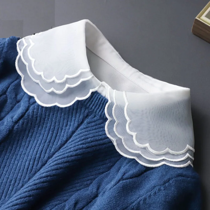 Женский кружевной воротник со съемными воротниками, белый шифон, ложные воротники с вышивкой, съемный отворот, половина рубашки для свитера