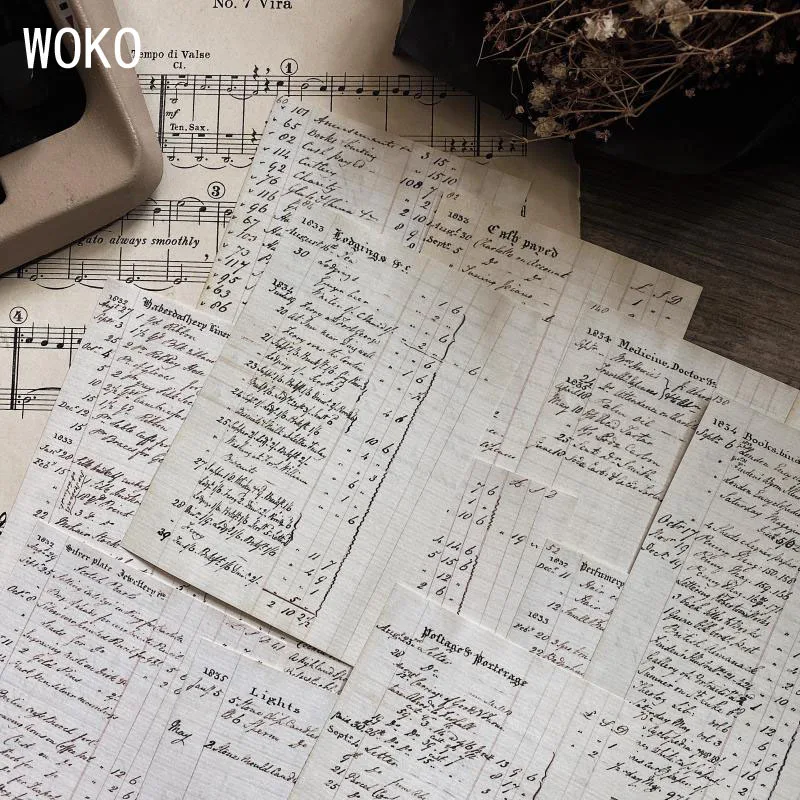 

WOKO 20pcs Retro Handbook Collage Material Vintage Handwritten English Bill Write Note Background Paper Sticker DIY Scrapbooking