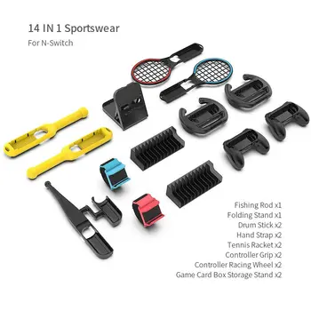 

14 in 1 Sportwear Set for Ninteno Switch Fishing Rod Folding Stand Drum Stick Hand Strap Tennis Racket Racing Wheel Gamepad Grip