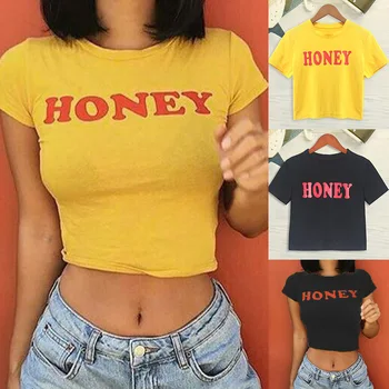 

HONEY Printing T-shirt Tops Women Fashion T Shirt Cotton Summer Short Sleeve Tee Shirts Clothes Sexy Casual Pullovers Clothing