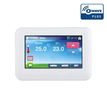 

Z-Wave plus enabled weekly programming Heating thermostat with color touch screen for electric heating or water boiler heating