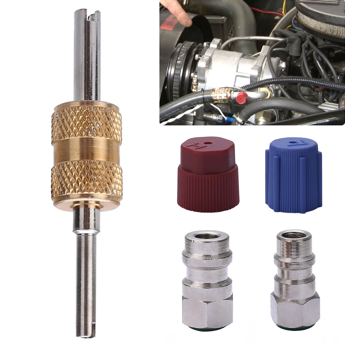 1SET Metal And Plastic A/C R12 to R134a Retrofit Conversion Adapter 7/16 3/8 High Low Removable Valves With Cap Kit