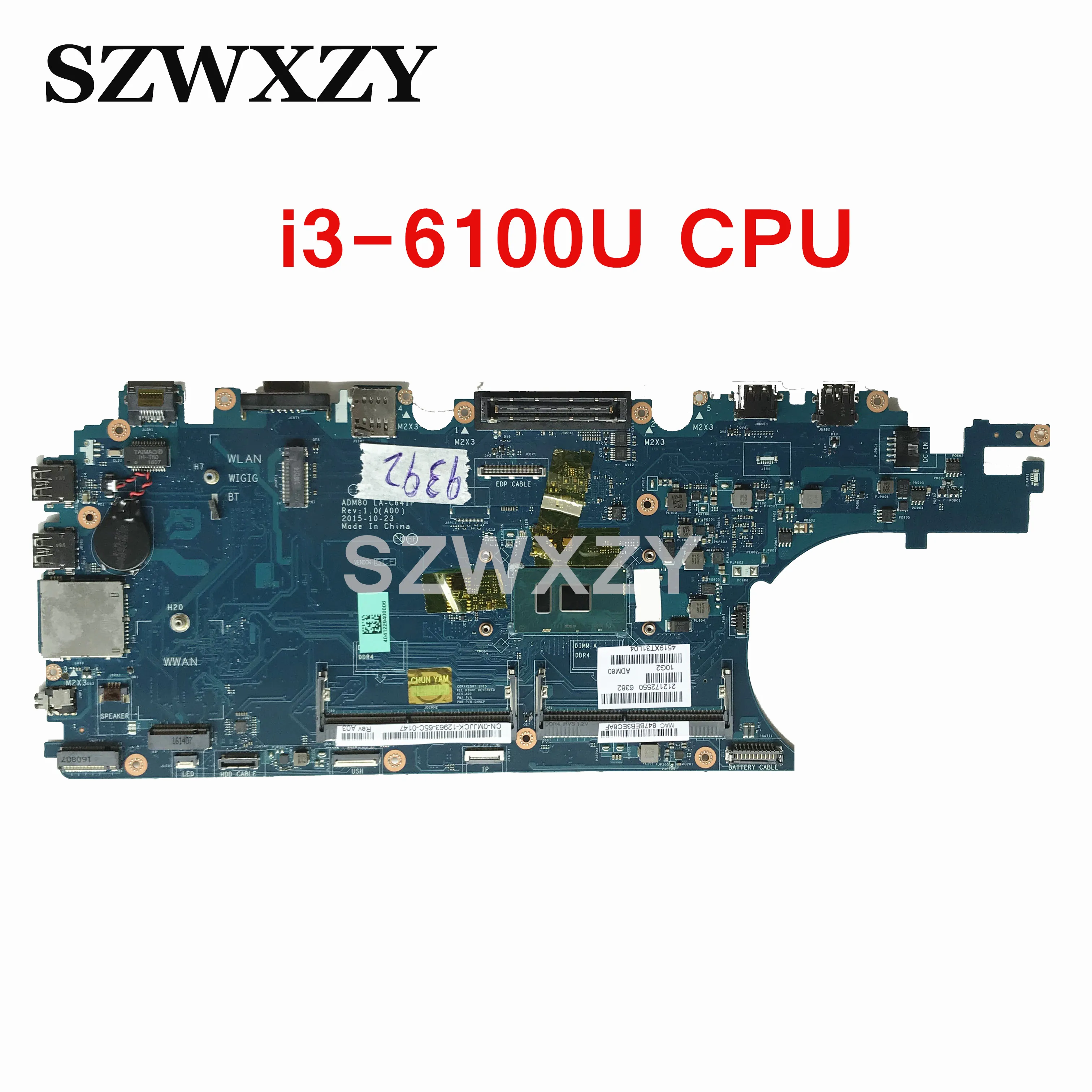Материнская плата для ноутбука Dell Latitude E5570 CN-0MJJCK 0MJJCK с SR2EU i3-6100U cpu ADM80 LA-C641P DDR4