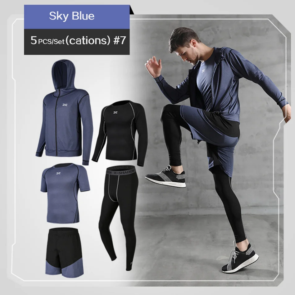 Мужская спортивная одежда, утягивающий костюм спортивная одежда, набор для бега, спортивные колготки для бега, для занятий спортом - Цвет: 5-piece set-7