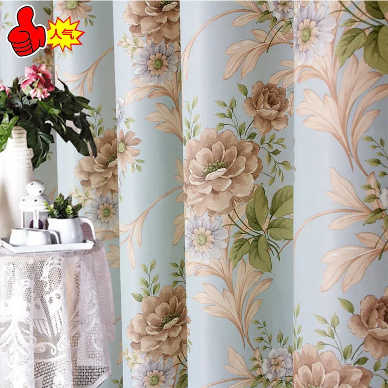 

Curtain Double-sided Printing Shade Curtain Blue Peony Printing Curtains for Living Room and For Bedroom