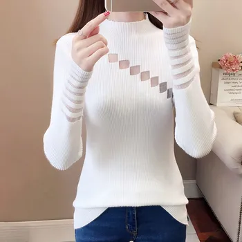 

Sweet Wild Mesh Stitching Hollow Knitwear Women Autumn Fashion Casual Round Collar Sweater Slim Tops