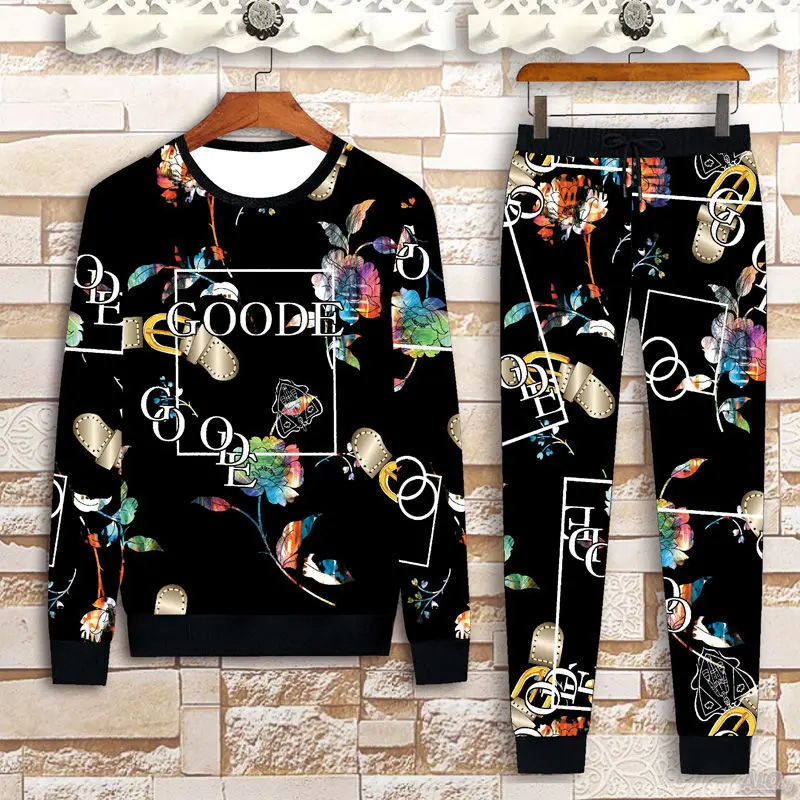 

New autumn long-sleeved two-piece men's letter printed clothing 3D Chinese style printed casual sportswear suit