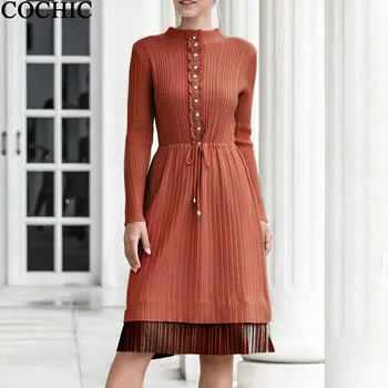 

Women Lace Button Splice Spring Autumn Half-turtleneck Warm Knit Dress Solid Color Casual Sweater Dresses
