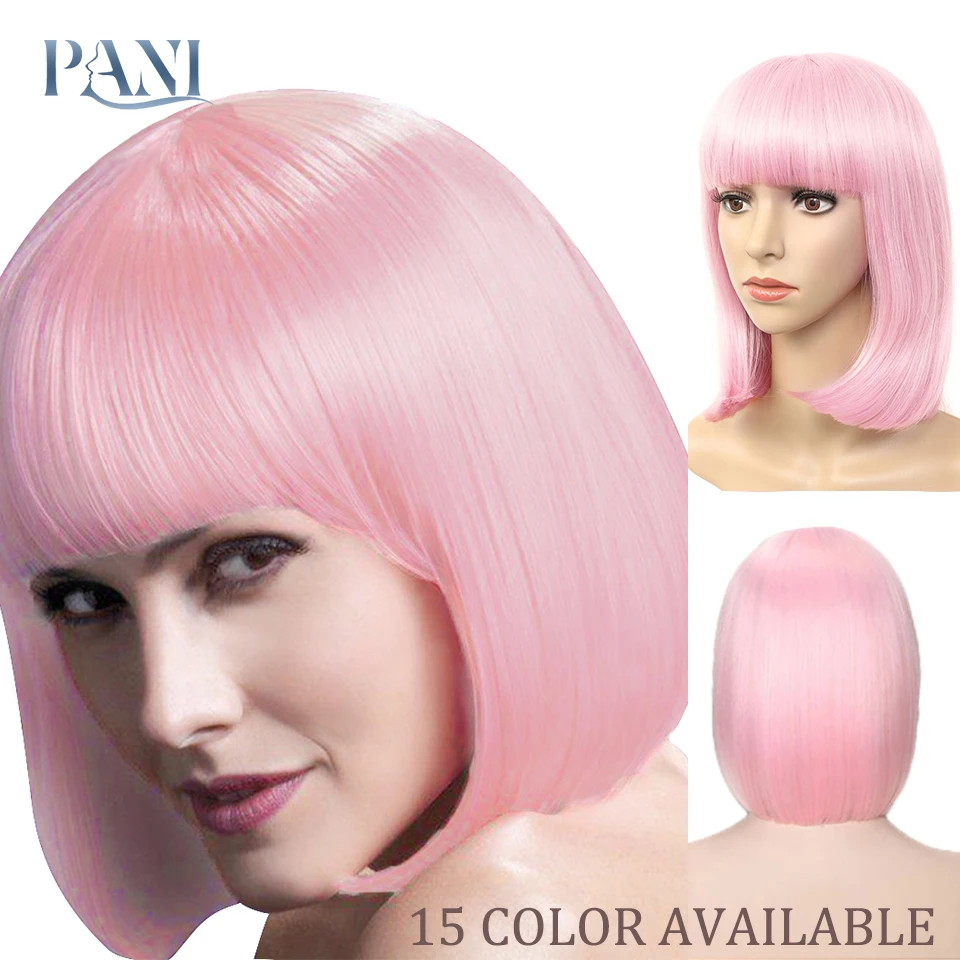 PANI Pink Bob Wig Straight Synthetic Wigs With Bangs For Women Medium Length Hair Heat Resistant bobo Hairstyle Cosplay |