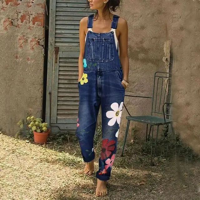 2021 Women Boho Floral Denim Dungarees 