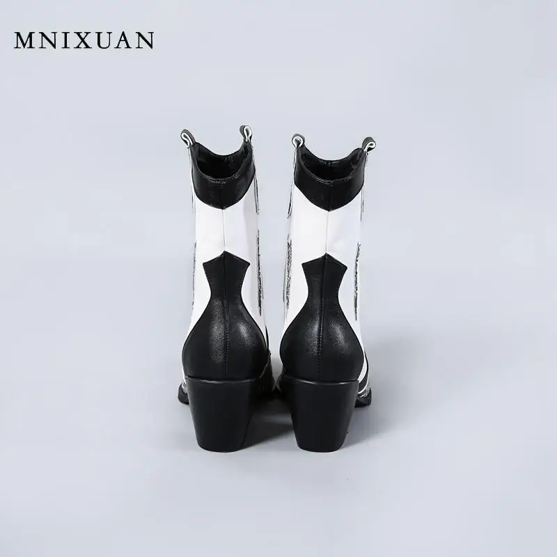 MNIXUAN/Модная женская обувь; ботинки в западном стиле; сезон осень-зима; ботильоны; Новинка года; ботинки со змеиным узором на высоком квадратном каблуке с острым носком; большие размеры 45