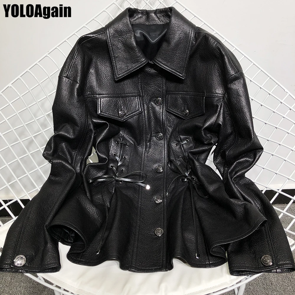 

YOLOAgain high quality women genuine leather jacket ladies single breasted black real sheepskin leather jacket