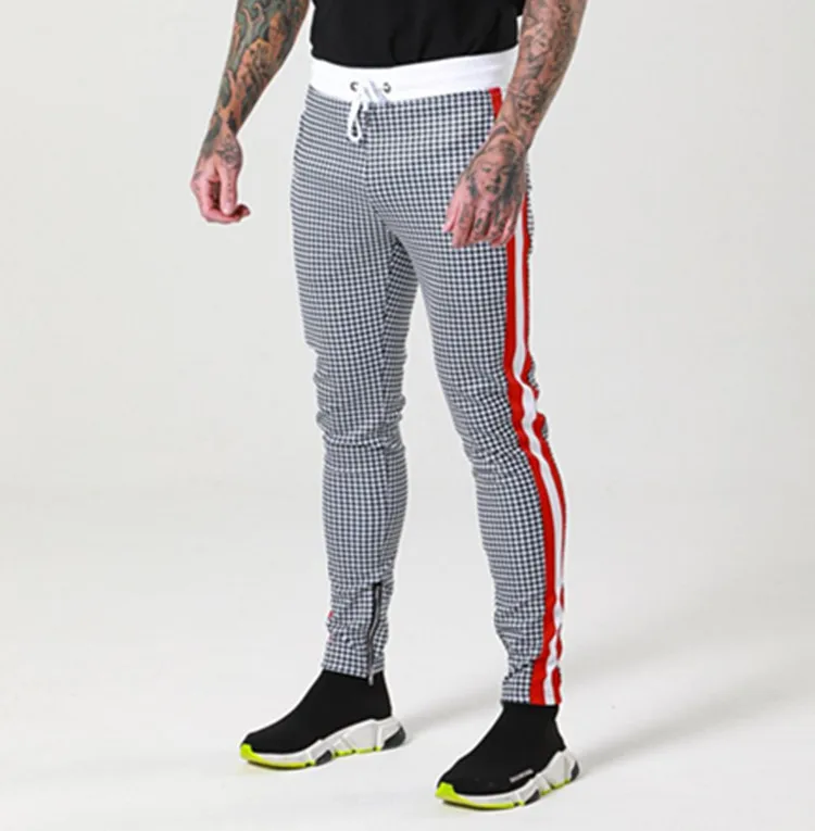 

Europe And America Fashion Brand Casual Trousers Men Leg Zipper Plaid Fitness Trousers