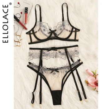 

Ellolace Transparent Bra Set Sexy Lingerie Set Floral Embroidery Underwear Set Women 3 Piece Set See Through Lenceria Lingerie