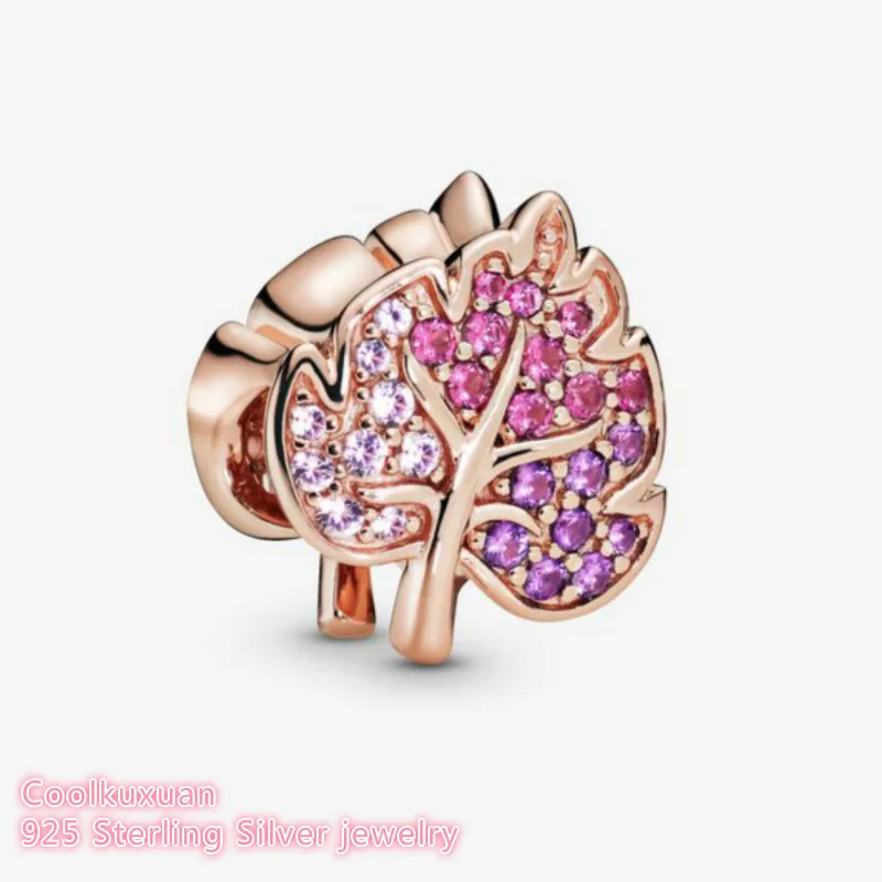 Autumn 925 Sterling Silver Sparkling Pave Leaf Charm Rose Gold beads Fits Original Pandora bracelets Jewelry Making