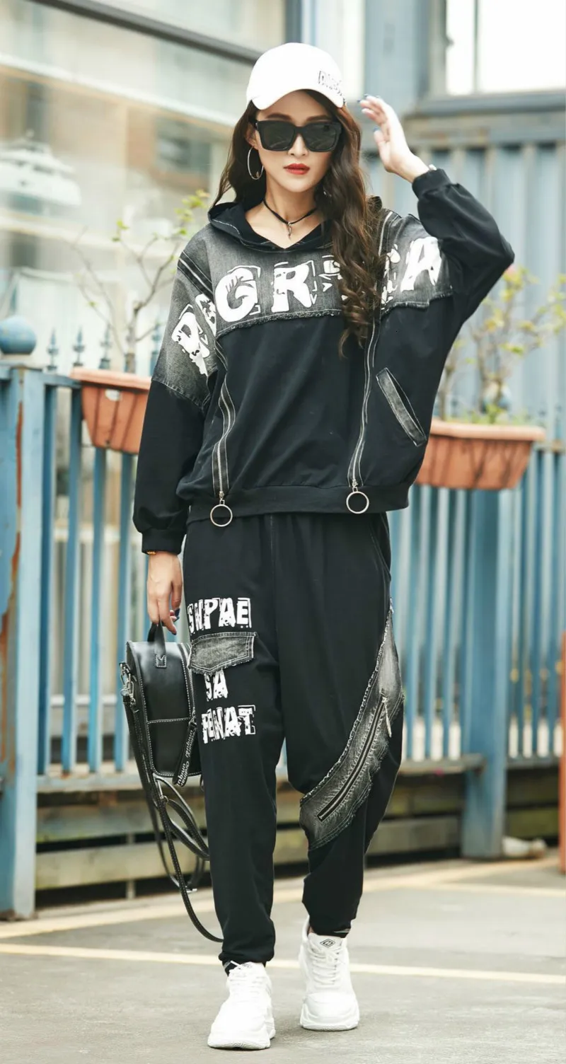 Max LuLu, весна, корейская мода, женские топы, шаровары, женские комплекты из двух частей, джинсовый костюм, винтажная одежда с капюшоном и принтом