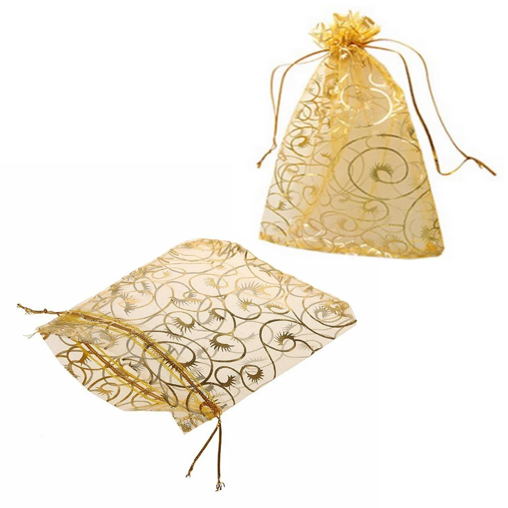 100pcs 9*12 Champagne Hot Stamping Eyelash Organza Drawstring Pouches Candy Gift Bags Party Decor