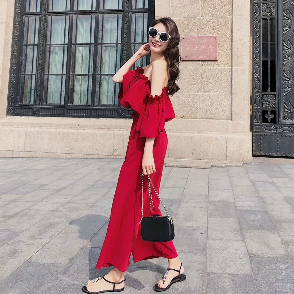 

Photo Shoot 2019 Spring And Summer New Style Retro INS-Horizontal Neck Shirt + High-waisted Loose Pants Two-Piece Set WOMEN'S Su