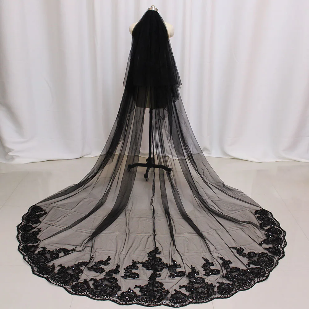 

Black Long Wedding Veil with Sequined Lace Cathedral 2T Bridal Veil Cover Face 2 Layers 3 M Veil with Comb Wedding Accessories