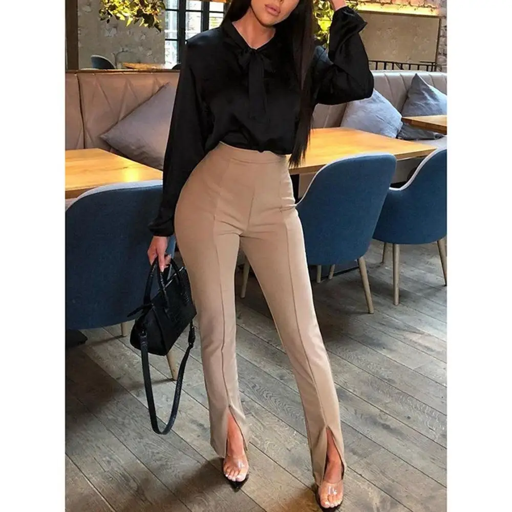 

Women High Waist Pants Autumn Winter Front Slit Pencil Pants Solid Elegant Office Ladies Slim Fit Long Trousers Work Pantalon