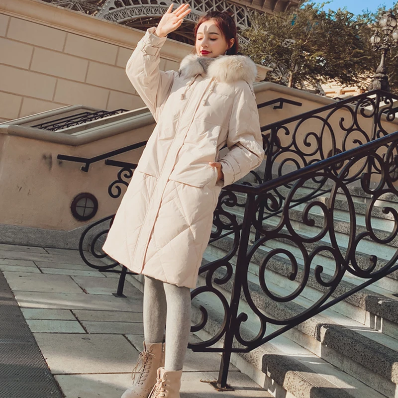 Женское пальто с большим меховым воротником, хлопковое пуховое теплое пальто с капюшоном, новинка, зимнее модное однотонное Женское пальто с длинным рукавом, 4 цвета