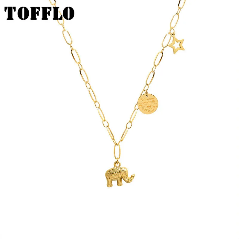 

TOFFLO Stainless Steel Jewelry Elephant Pentagram Geometric English Round Brand Necklace Women's Fashion Clavicle Chain BSP890