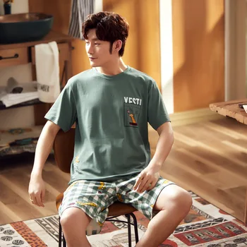 

Pajamas Men Summer Pure Cotton Short Sleeve Thin Simple Comfortable Plus-Sized Summer-Outer Wear Men'S Homewear Set