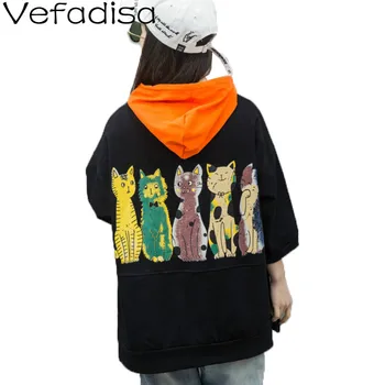 

Vefadisa Letter And Cartoon Print Women T-shirt 2020 Spring Three Quarter Sleeve Hooded Women T-shirt Plus Size T-shirt QYF2346