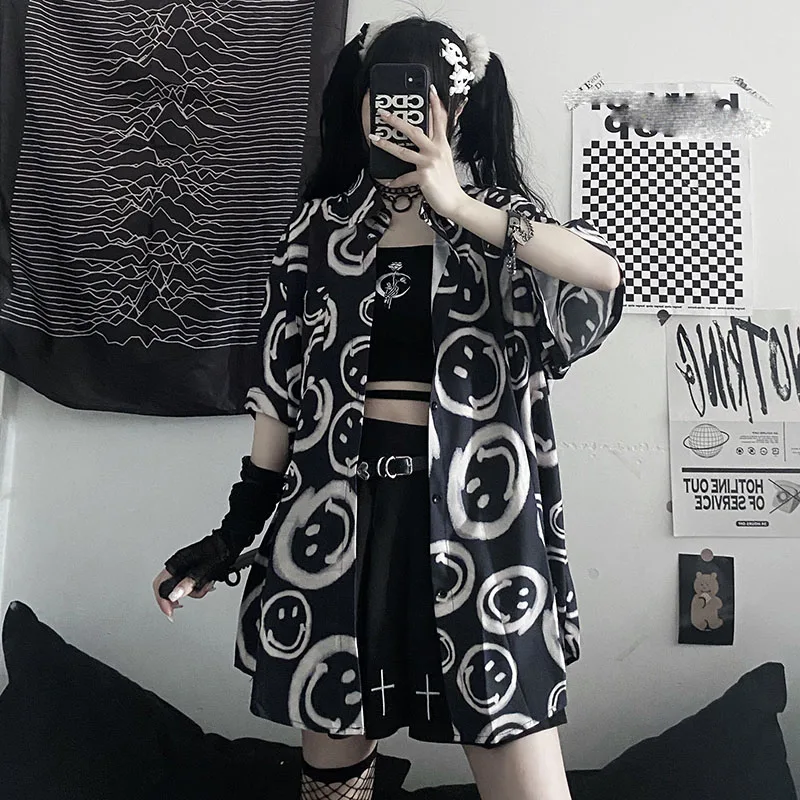 Goth Shirt Women Vintage Gothic Oversize Summer 2021 Fashion Black Short Sleeve Harajuku Blouse Female Dropshippingstuden t top fashion men and women ripped hip hop embroidered jeans oversize straight black vibe denim loose gothic retro jeans