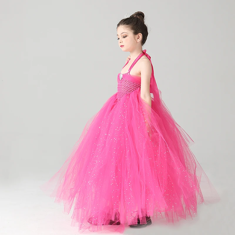Glittery Hot Pink Tulle Girls Party Tutu Dress Princess Stunning Ball Gown Dress for Children Wedding Pageant Birthday Costume (7)