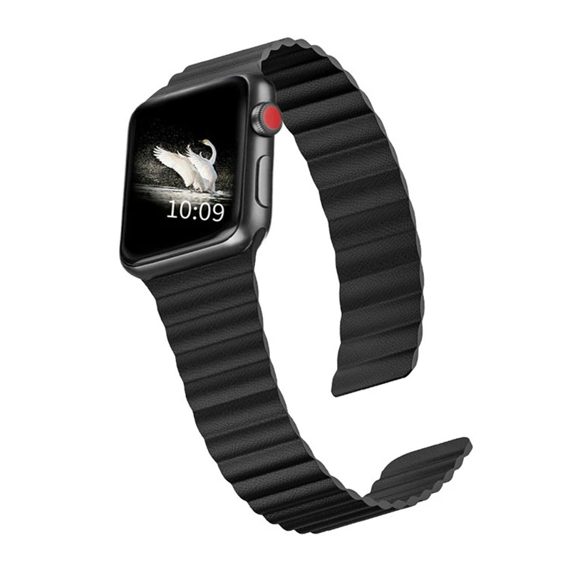 black Кожаный ремешок-петля для apple watch, ремешок для apple watch 5, 4, 3, 2, 1, 44 мм, 40 мм, браслет с двойной магнитной застежкой, ремешок iwatch 42 мм, 38 мм - Цвет ремешка: black
