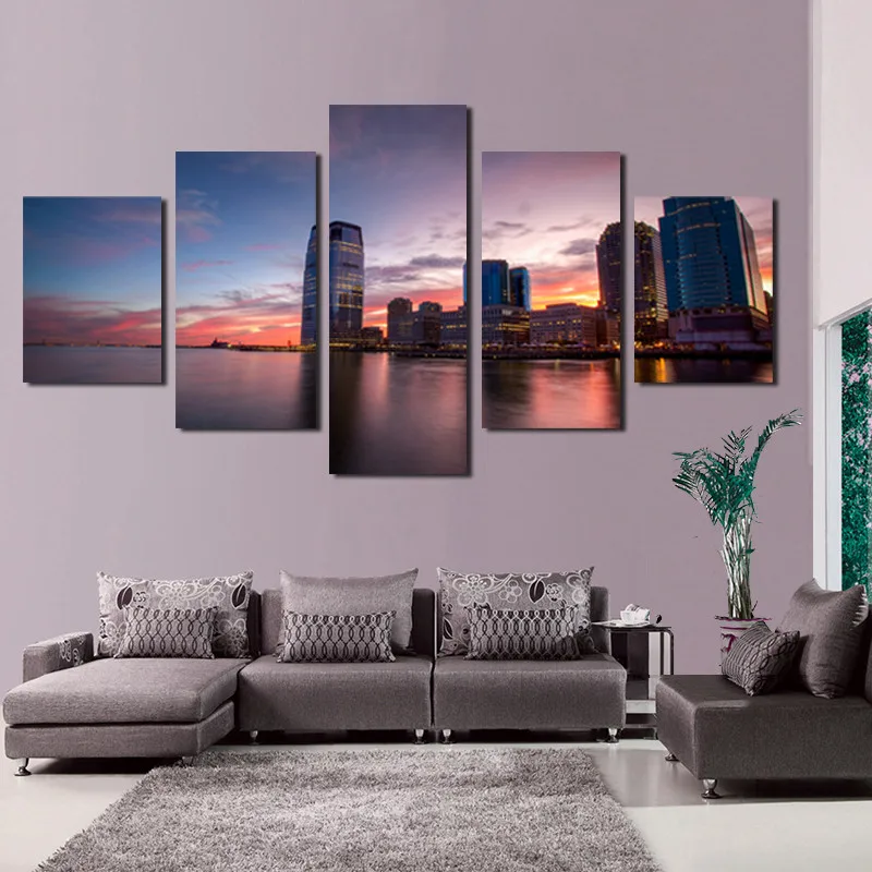 

Scenery Poster Sunset Pink Evening Coastal City 5pcs Frameless Style Wall Home Decoration Customizable Canvas Painting