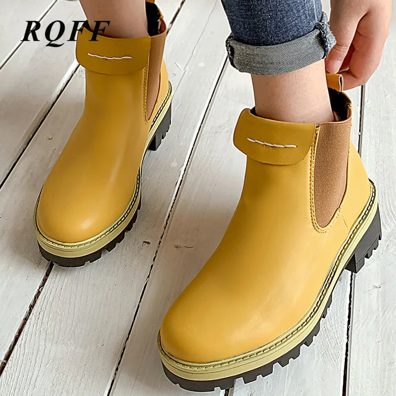 

RQFF 2019-2020 New Slip on Chelsea Boot Pu Leather Shoes Woman Elastic Band Square Heel Round Toe Basic Womens Punk Ankle Boots