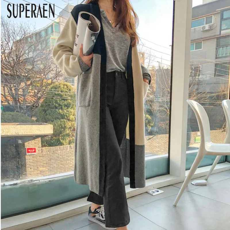 SuperAen, корейский стиль, женские длинные свитера, пальто, осень и зима, новые женские свитера с v-образным вырезом, кардиган, вязаная женская одежда