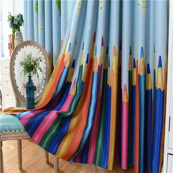 

Rainbows Pencils Prints Cartoon Drape Curtains For Kids Children Room Bedroom Blue Shade Curtain Custom Size Window Curtains